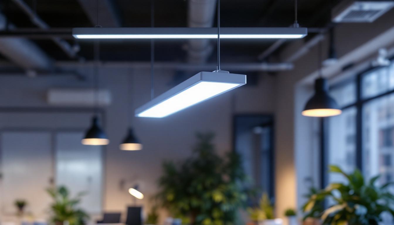 A photograph of a modern overhead led lighting installation in a well-designed workspace