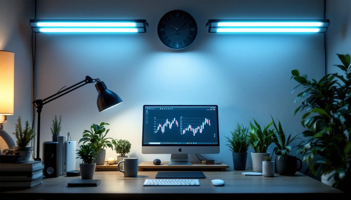 A photograph of a well-lit workspace featuring 8' fluorescent bulbs illuminating the area