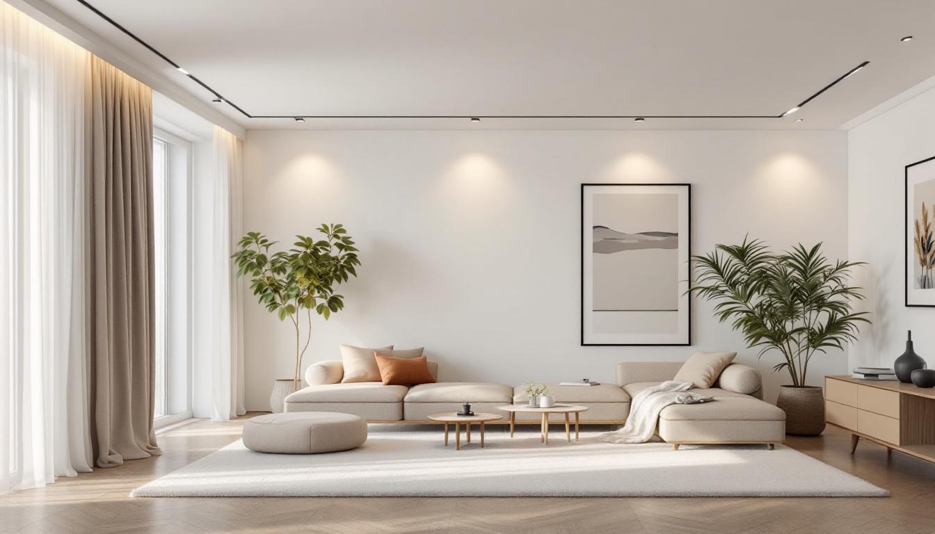 A photograph of capture a photograph of a beautifully designed interior space showcasing 8-inch recessed lighting trims in action