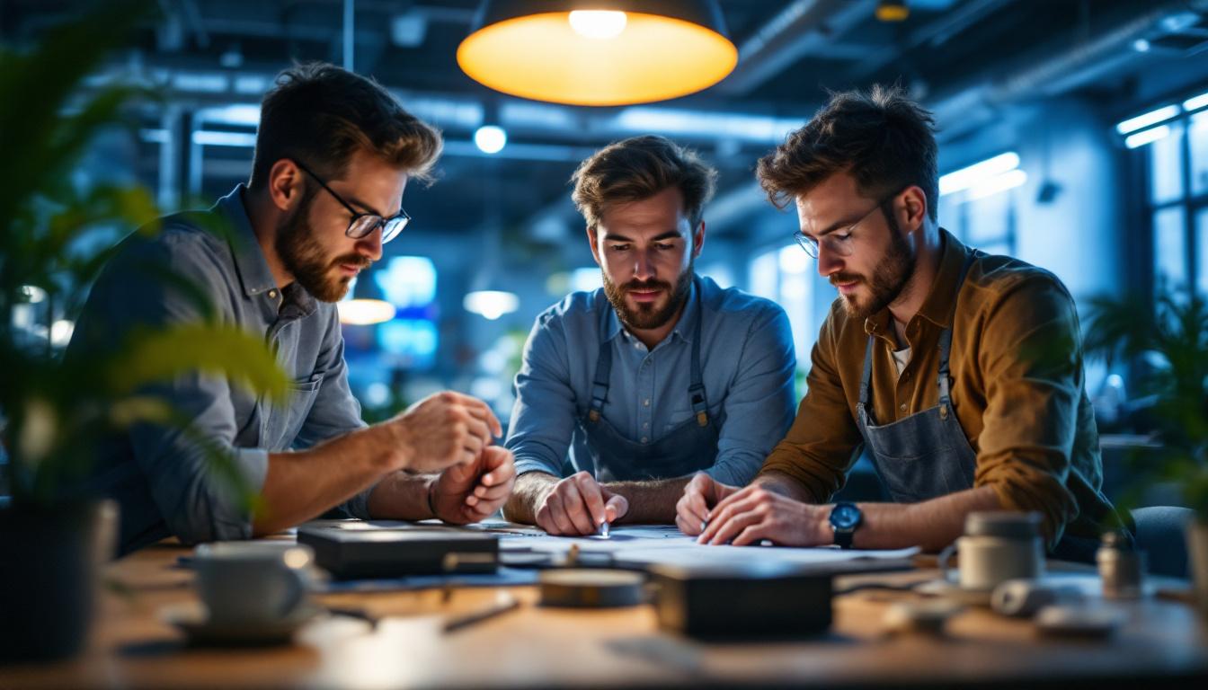 A photograph of a dynamic scene showcasing a team of engineers collaborating on innovative lighting designs