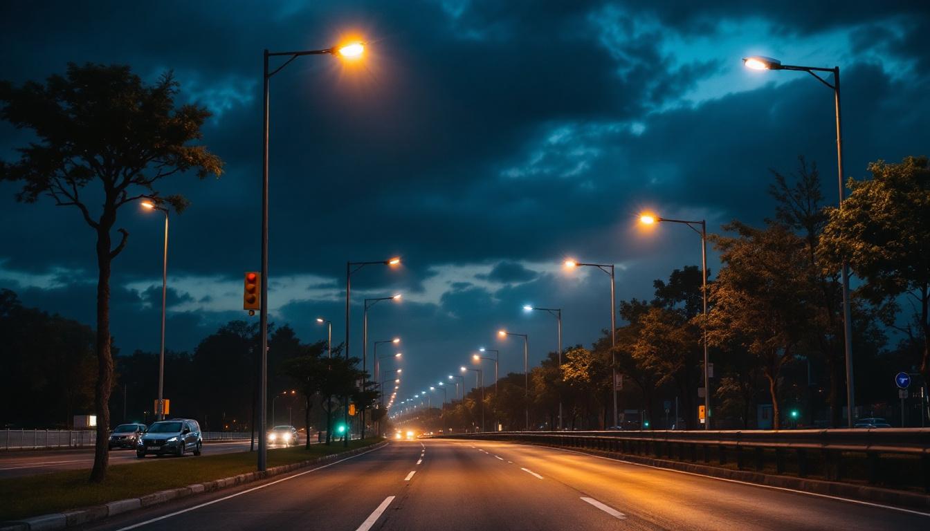 A photograph of a well-lit street scene at dusk