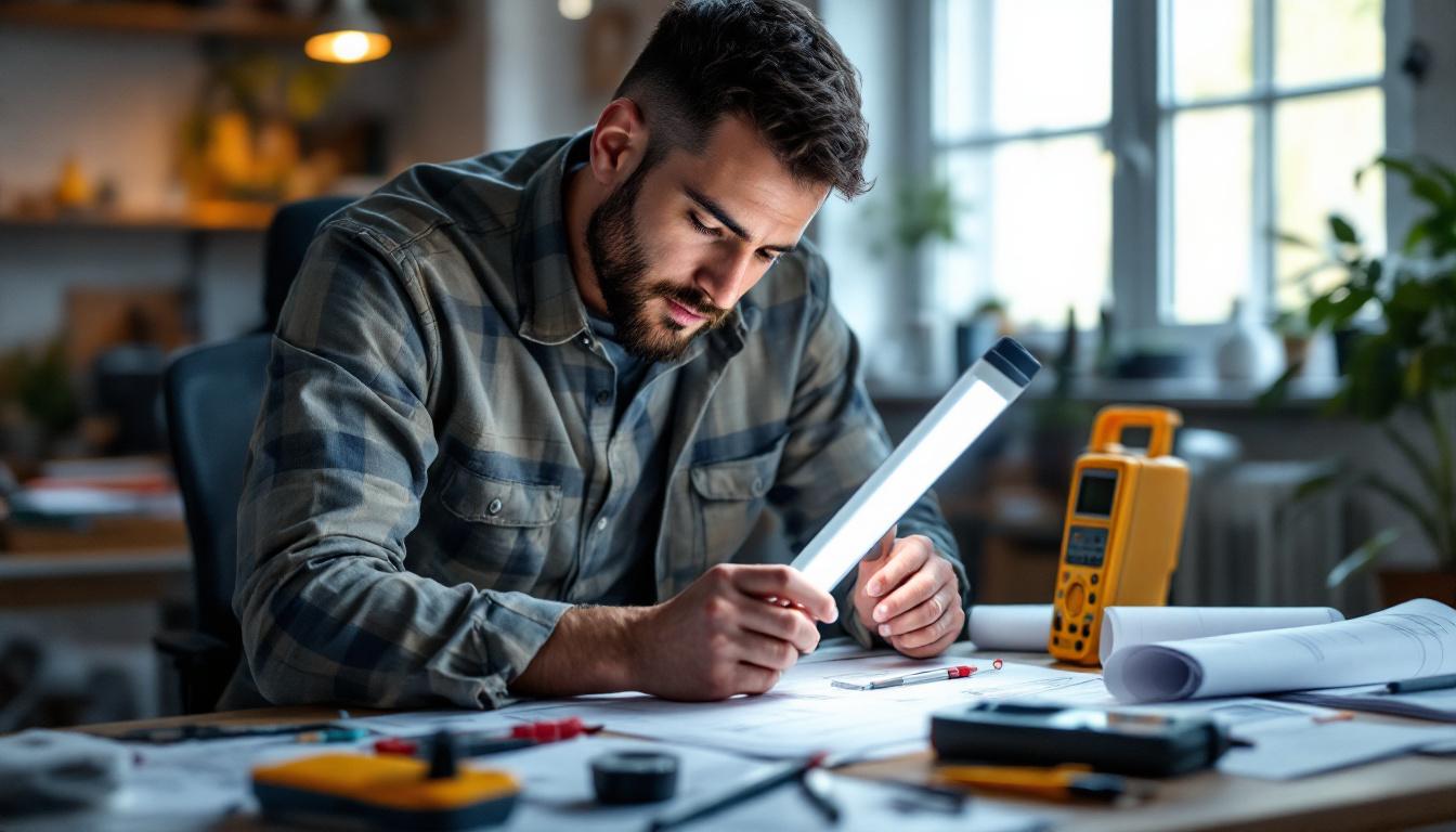 A photograph of a well-lit workspace featuring an electrical engineer examining a t8 type b led tube light