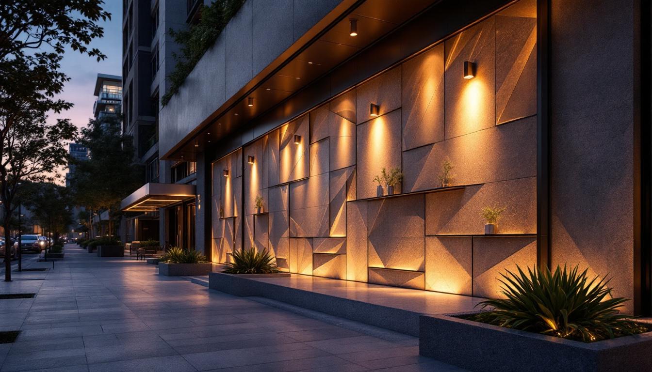 A photograph of a beautifully designed exterior light wall in an urban setting during dusk