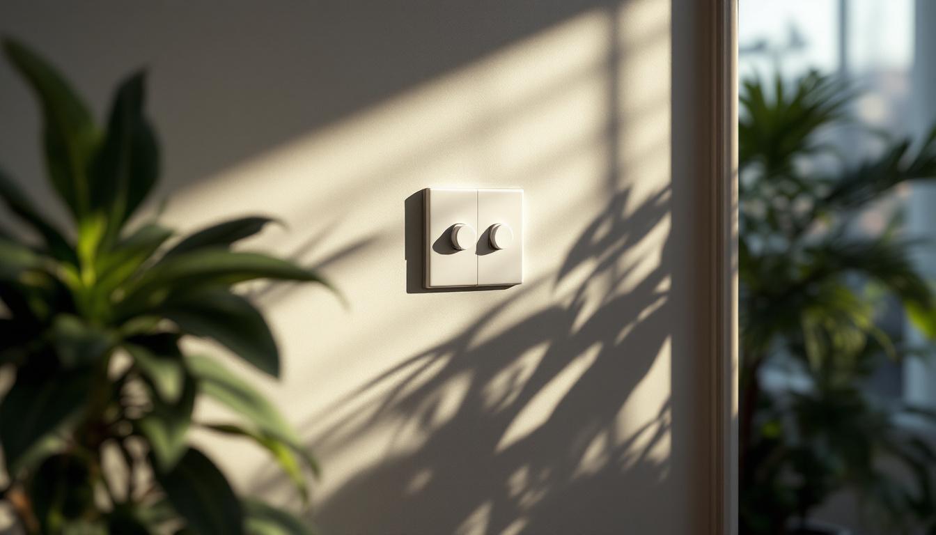 A photograph of a well-lit interior space showcasing a stylishly designed 2-gang light switch cover in use