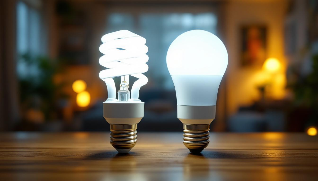 A photograph of a side-by-side comparison of a fluorescent bulb and an led bulb