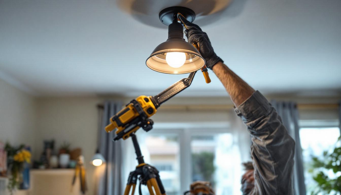 A photograph of a skilled electrician carefully installing a stylish light fixture in a modern home setting