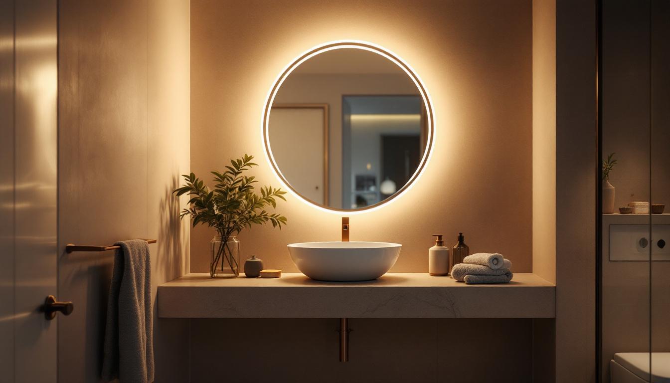 A photograph of a stylish bathroom featuring a modern led light fixture that highlights the space's design and functionality