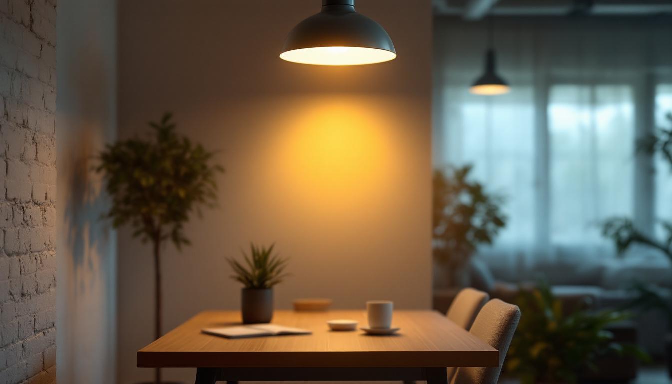 A photograph of a well-lit interior space showcasing various lighting fixtures in use