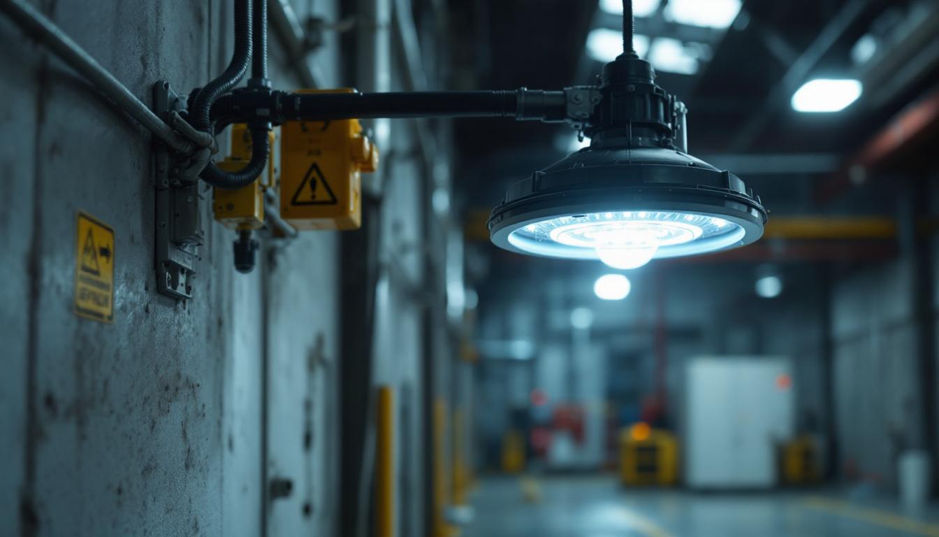 A photograph of a robust explosion-proof emergency light installed in an industrial setting