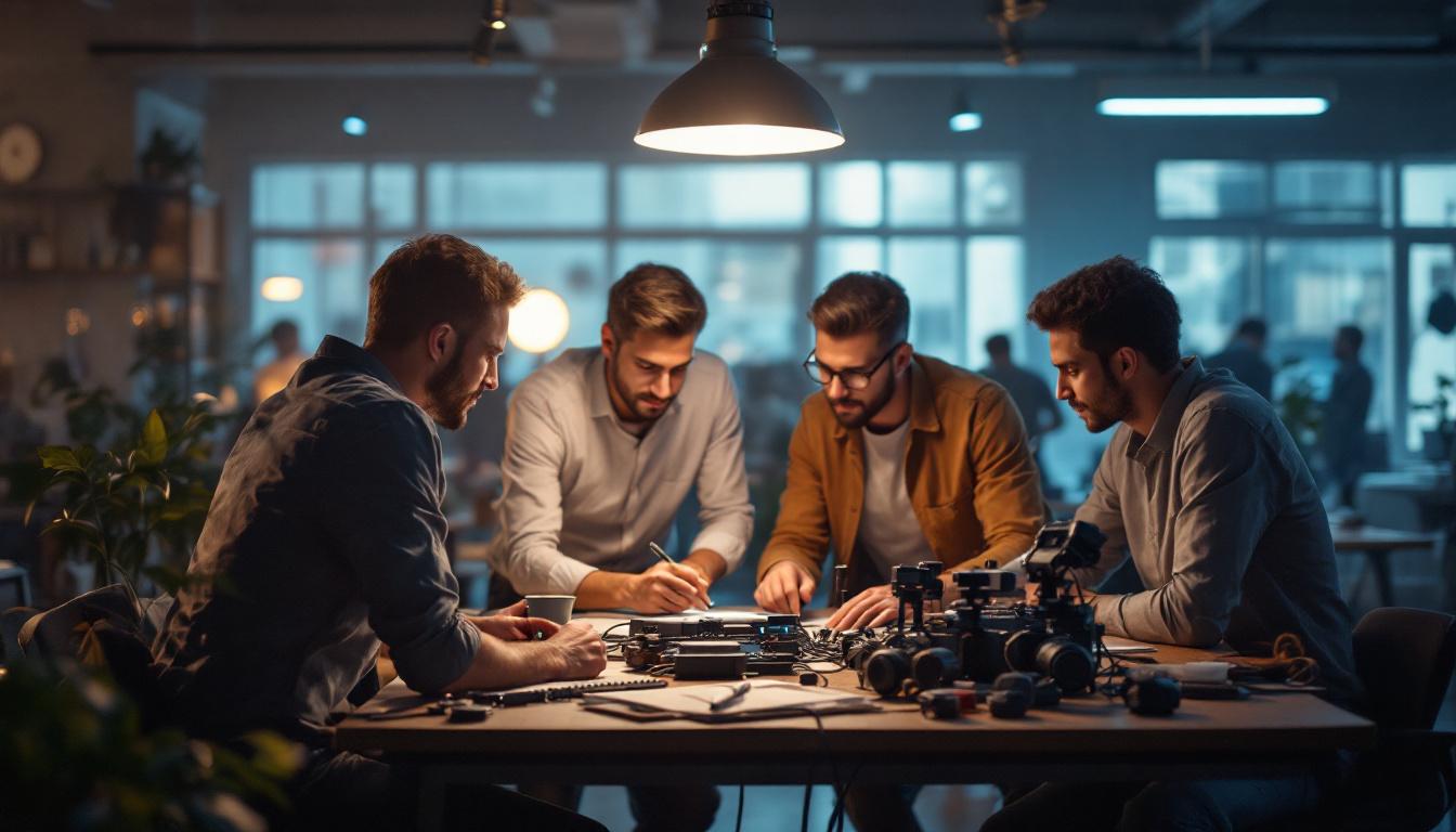 A photograph of a diverse group of engineers collaborating around a high-tech lighting setup