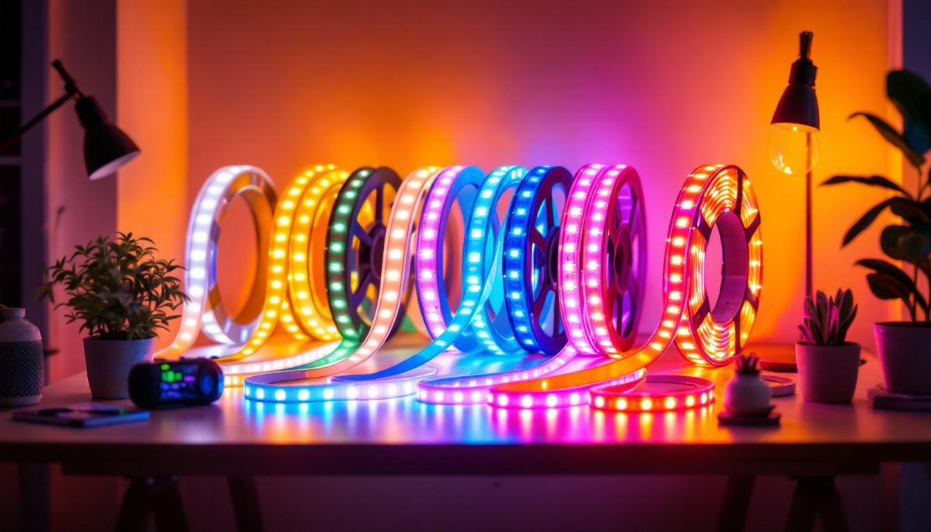 A photograph of a beautifully arranged display of various led tape lights in different colors and brightness levels