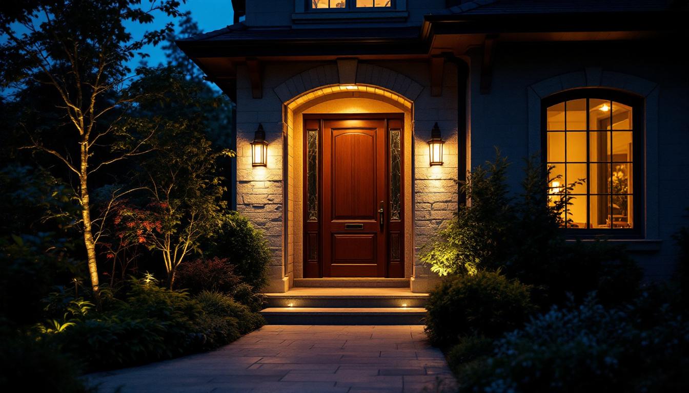 A photograph of a beautifully illuminated outside door light at dusk