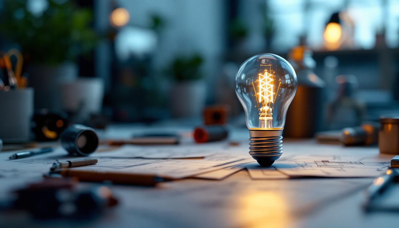 A photograph of a close-up shot of a modern led light bulb illuminating a workspace