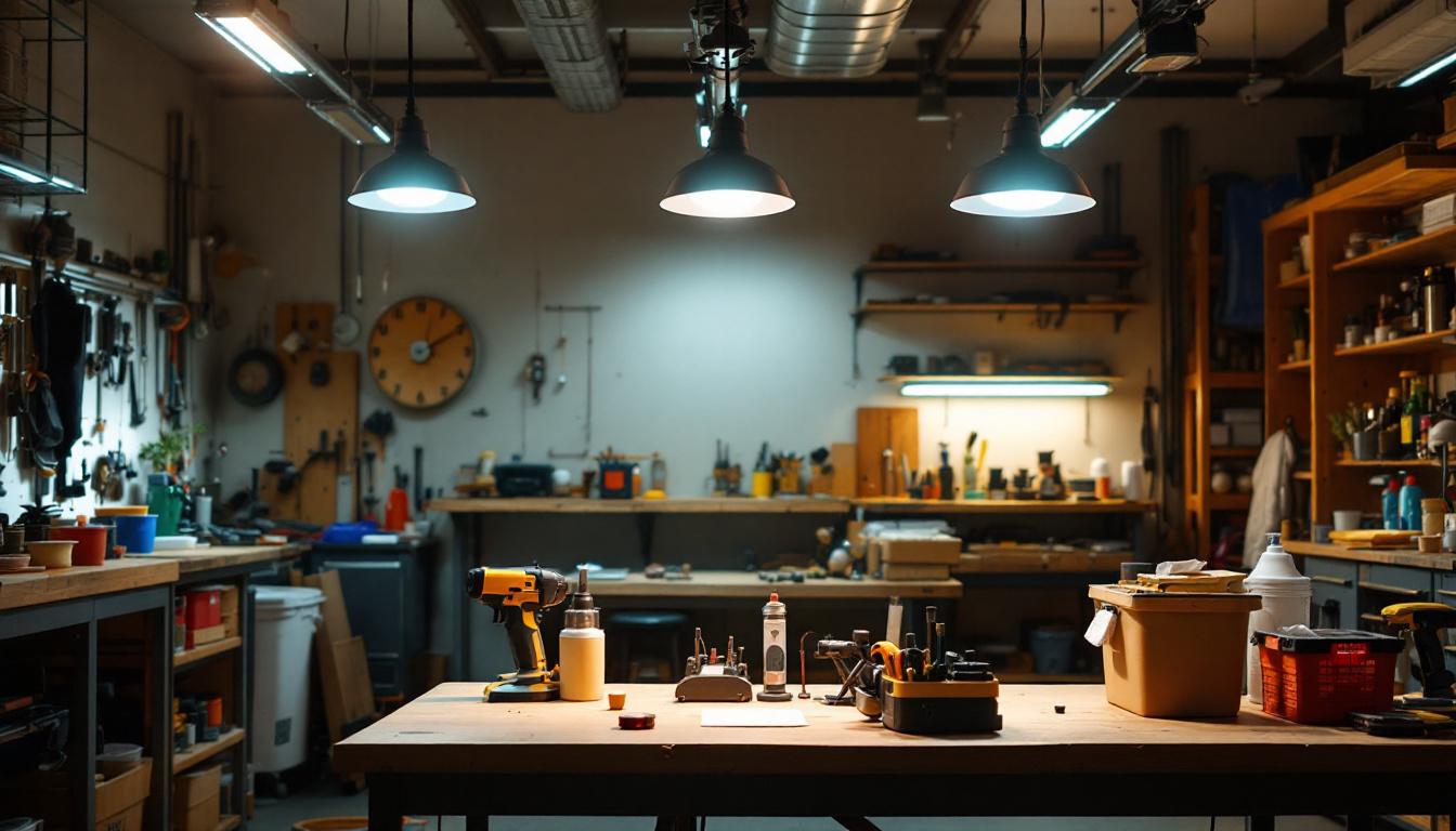 A photograph of a well-lit workshop or garage showcasing hard-wired led shop lights illuminating work areas