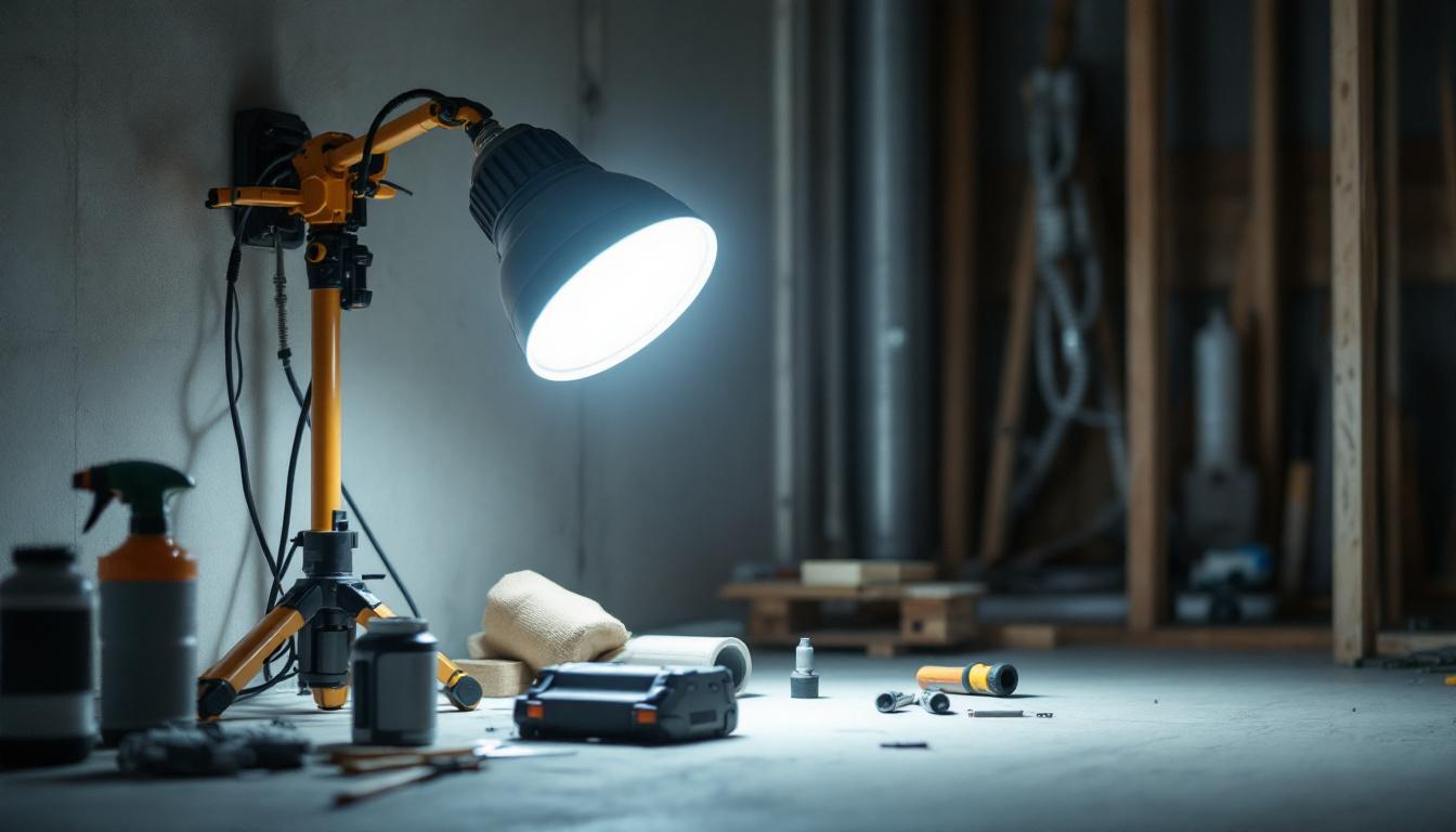 A photograph of a well-lit temporary light fixture in a construction or renovation setting