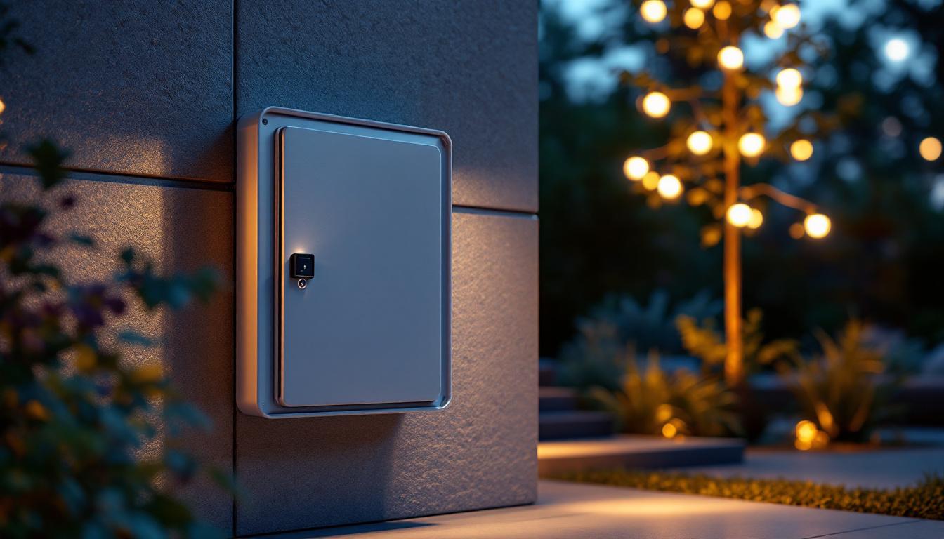 A photograph of a well-installed exterior electrical box for outdoor lighting