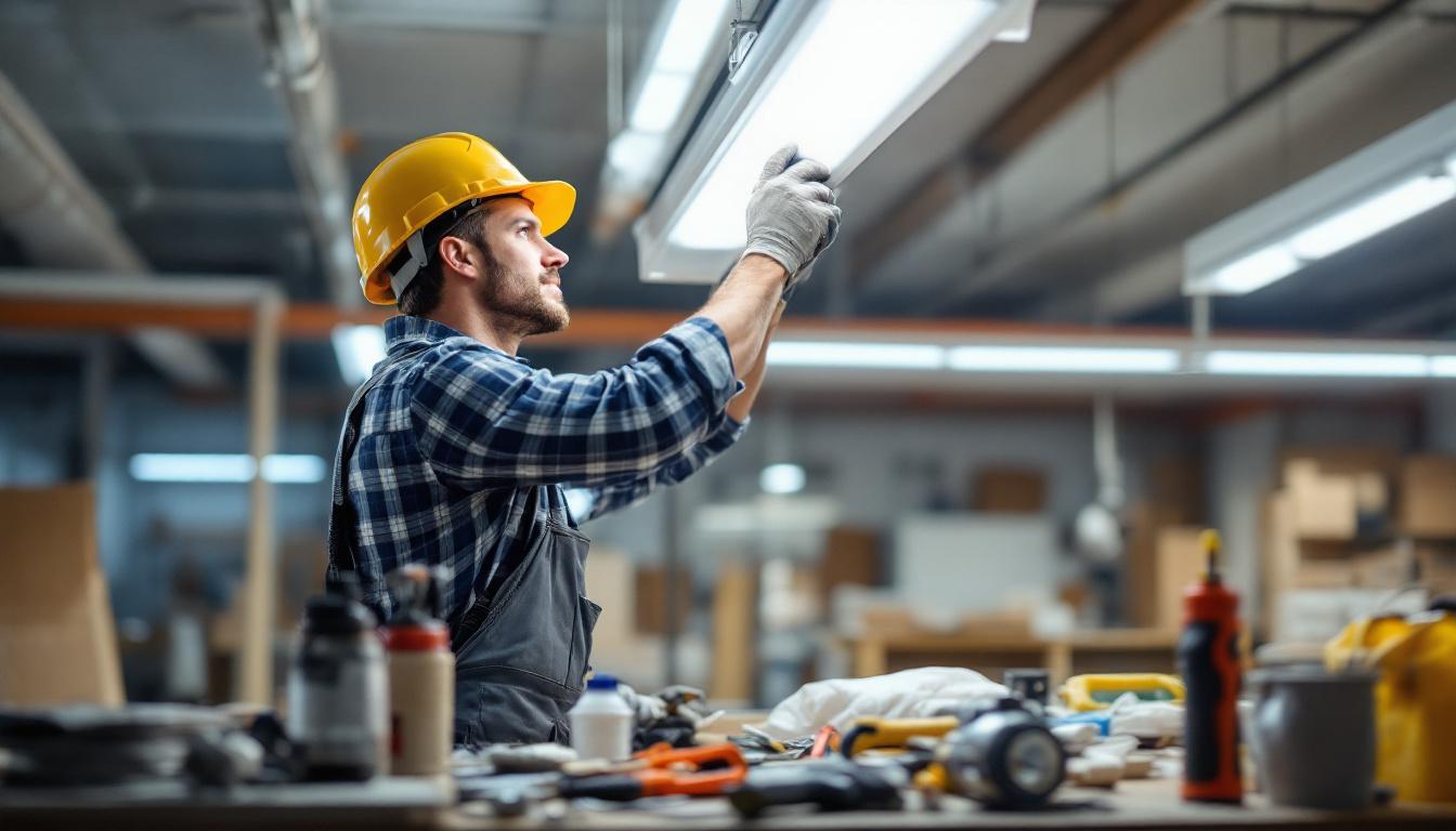 A photograph of a skilled electrician replacing a fluorescent light fixture in a well-lit workspace