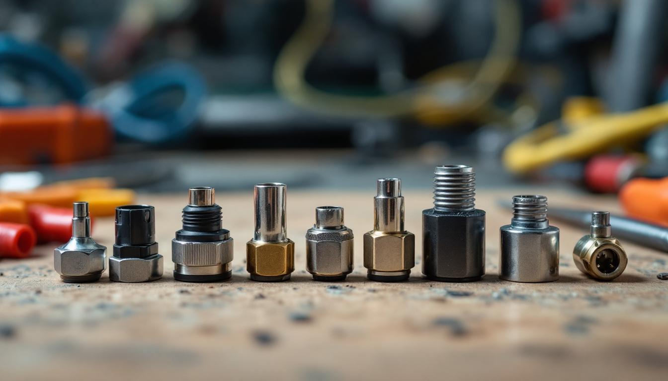 A photograph of a close-up shot of various types of wire connectors arranged on a workbench