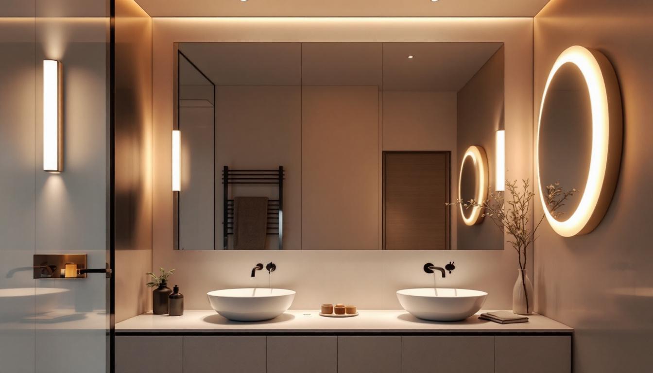A photograph of a modern bathroom featuring sleek led ceiling lights