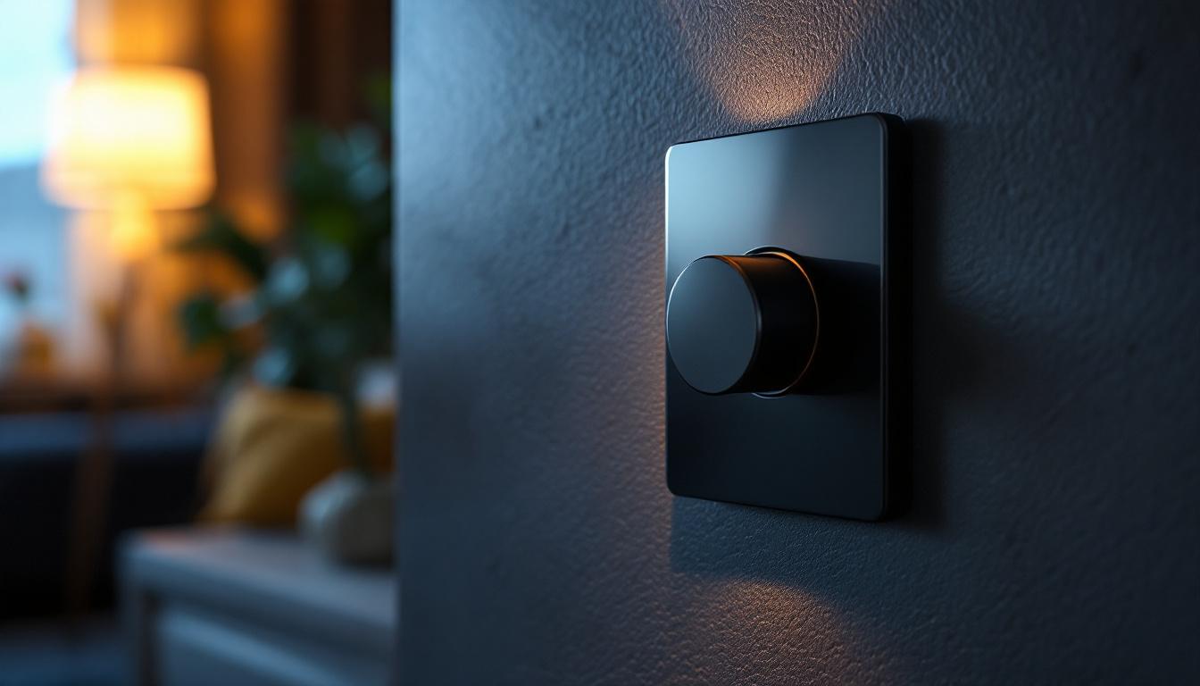 A photograph of a close-up shot of a 0-10 volt dimmer switch installed in a stylish lighting setup
