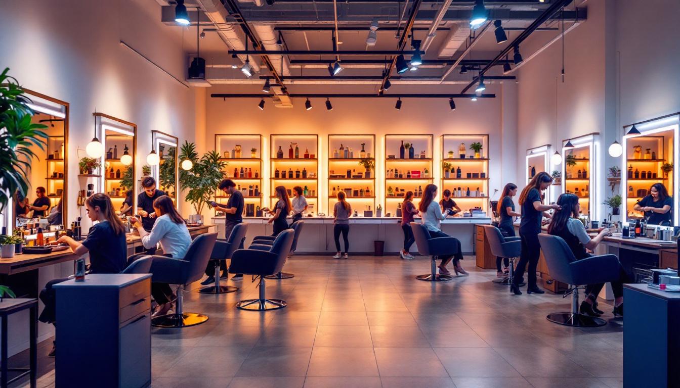 A photograph of a stylish hair salon interior featuring well-designed lighting that highlights the workstations and creates a warm
