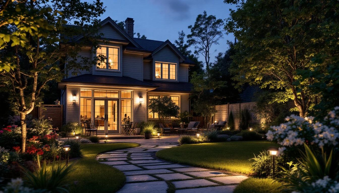 A photograph of a beautifully designed backyard illuminated by various styles of solar lights at dusk