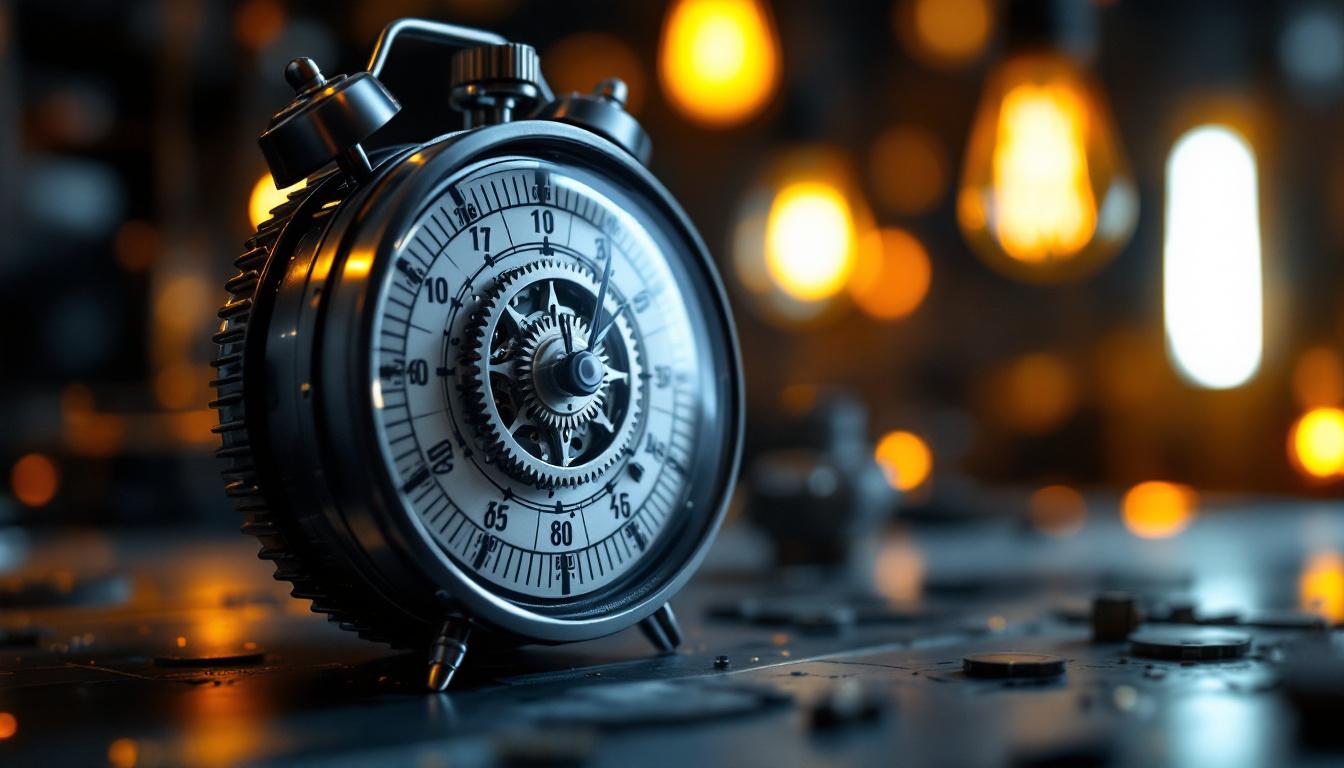 A photograph of a close-up of a spring wound timer mechanism