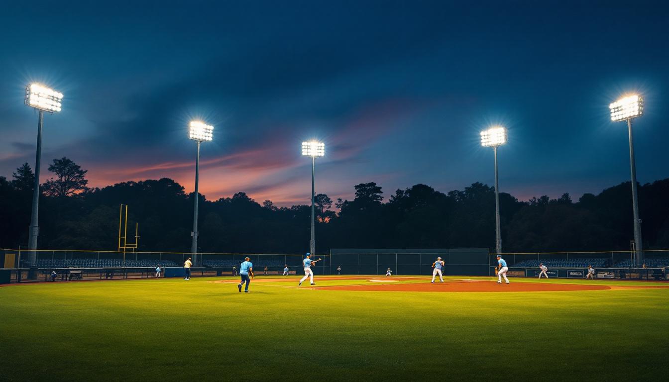 A photograph of a well-lit baseball field at dusk