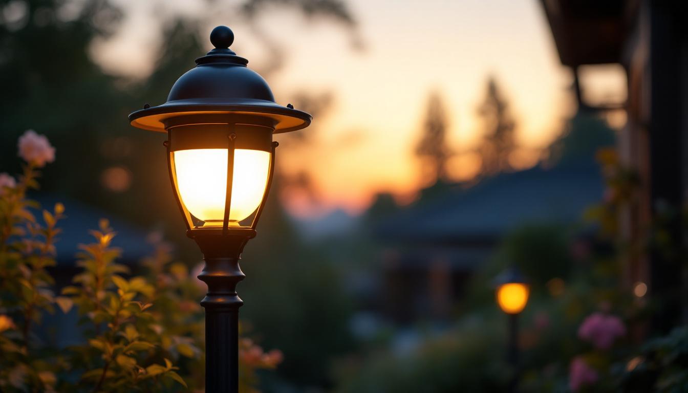 A photograph of a beautifully illuminated globe outdoor lamp post in a serene garden setting during twilight