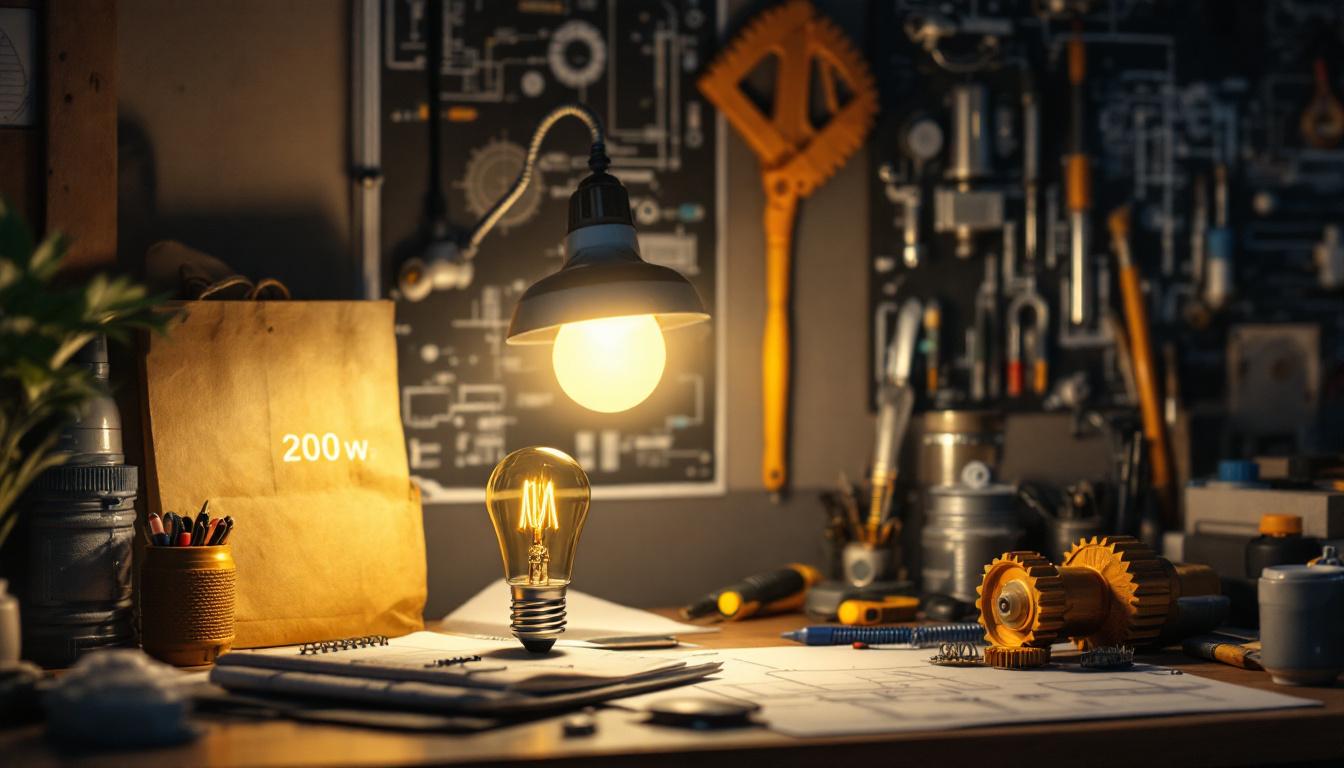 A photograph of a 200-watt equivalent led lamp in a modern workspace