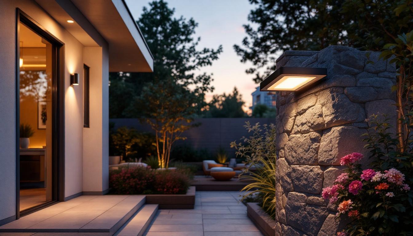 A photograph of a stylish flush mount outdoor led light fixture installed in a beautifully landscaped outdoor setting during twilight