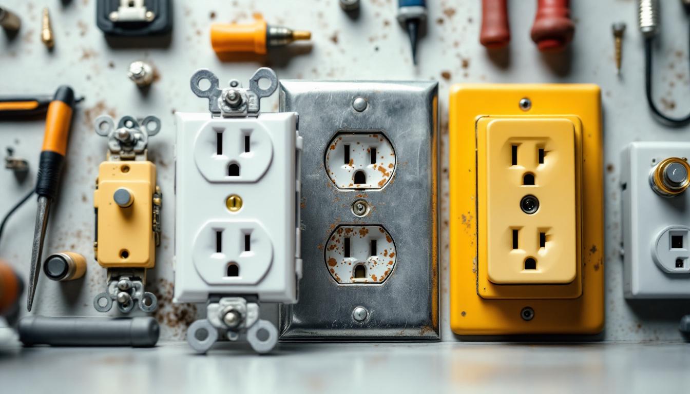 A photograph of a close-up of various types of electrical receptacle covers