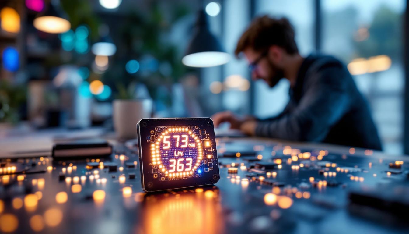 A photograph of a close-up shot of a 5-inch led display in a modern workspace