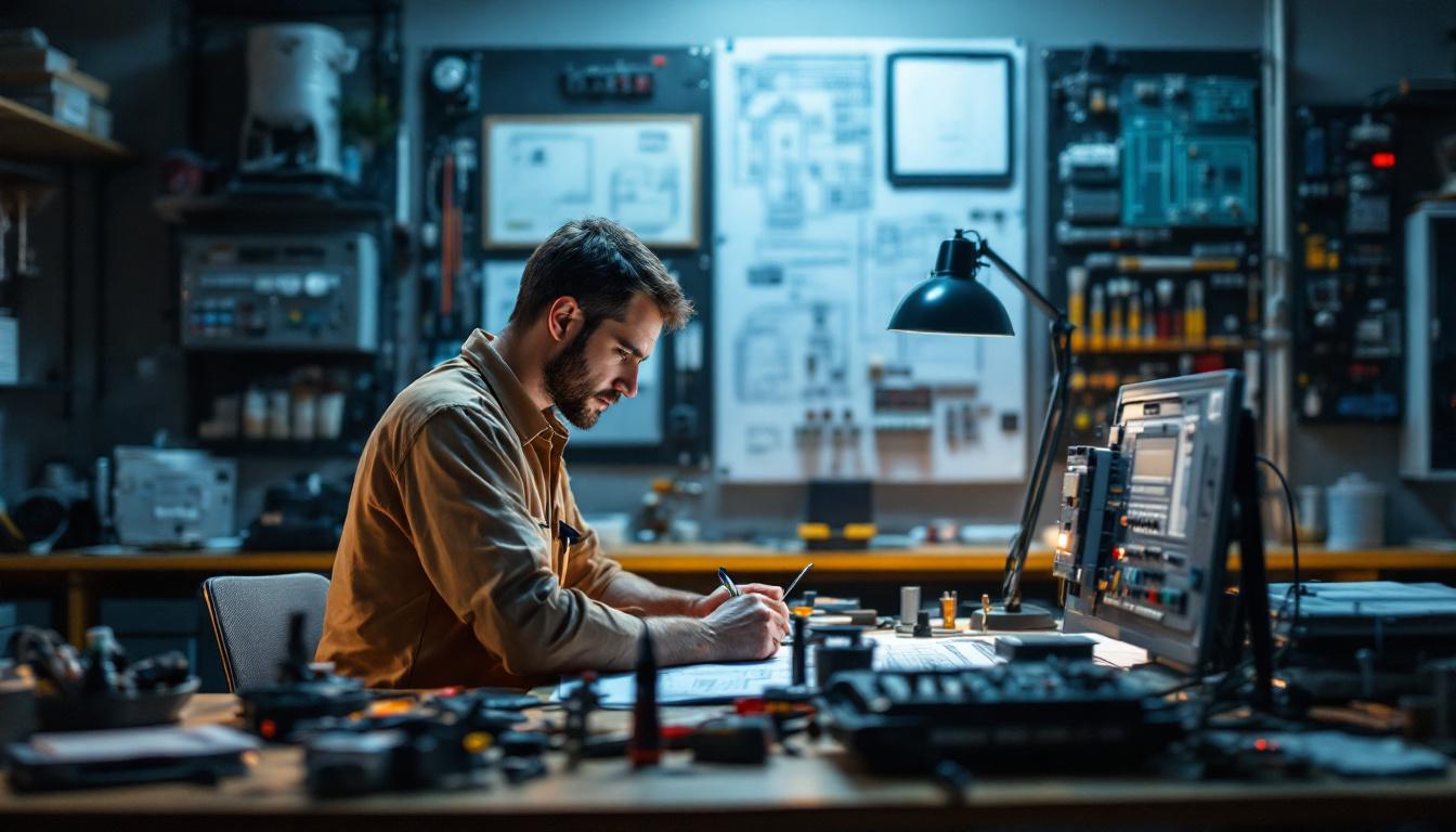 A photograph of an electrical engineer working intently at a well-organized workspace