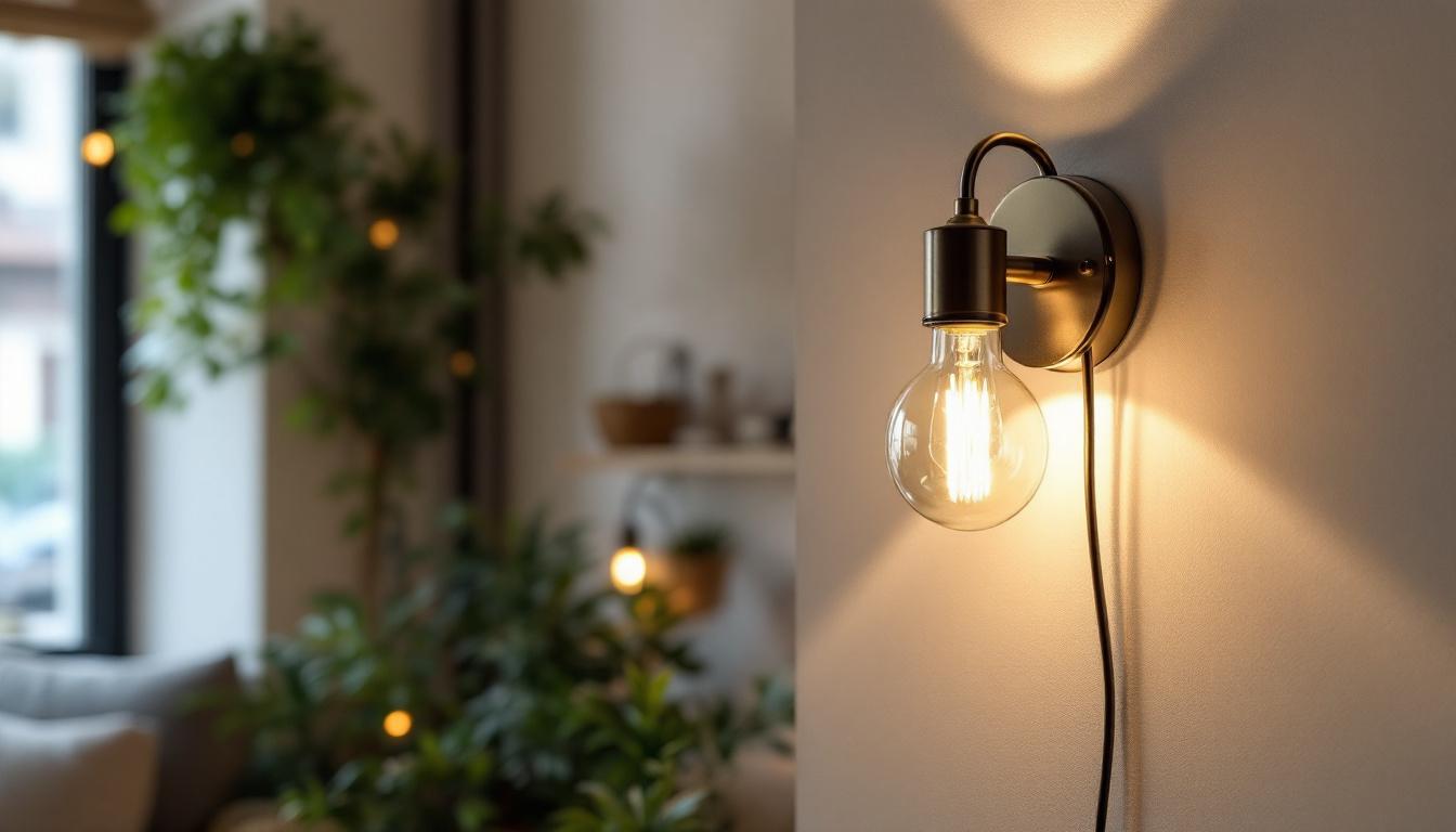 A photograph of a stylish wall sconce installed in a cozy interior setting