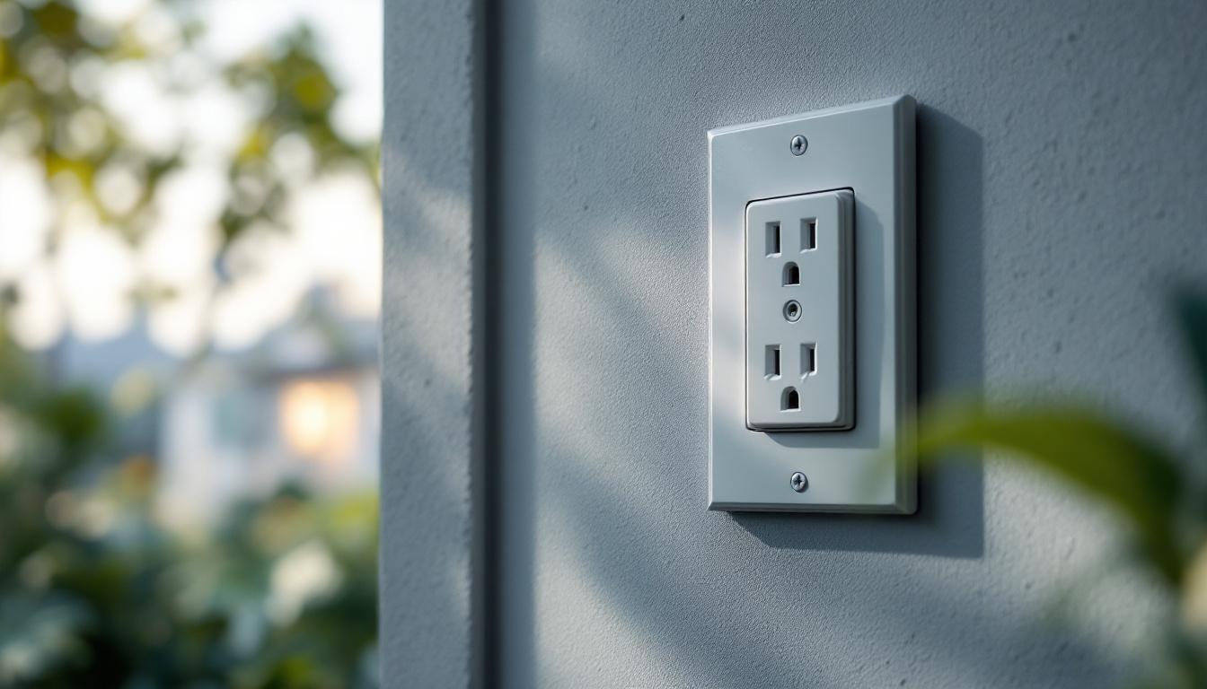 A photograph of a weatherproof electrical outlet cover installed on an exterior wall