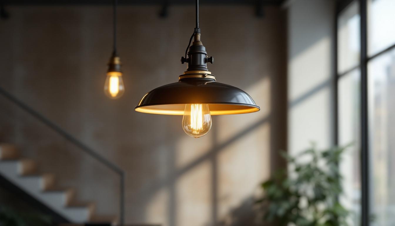 A photograph of a beautifully designed industrial-style pendant light hanging in a modern
