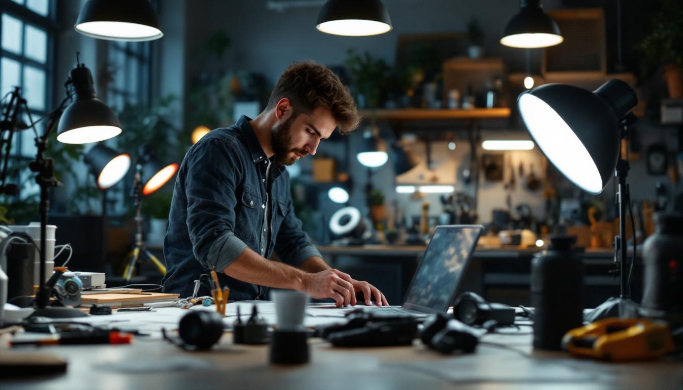 A photograph of a well-lit workspace featuring a variety of lighting fixtures and tools