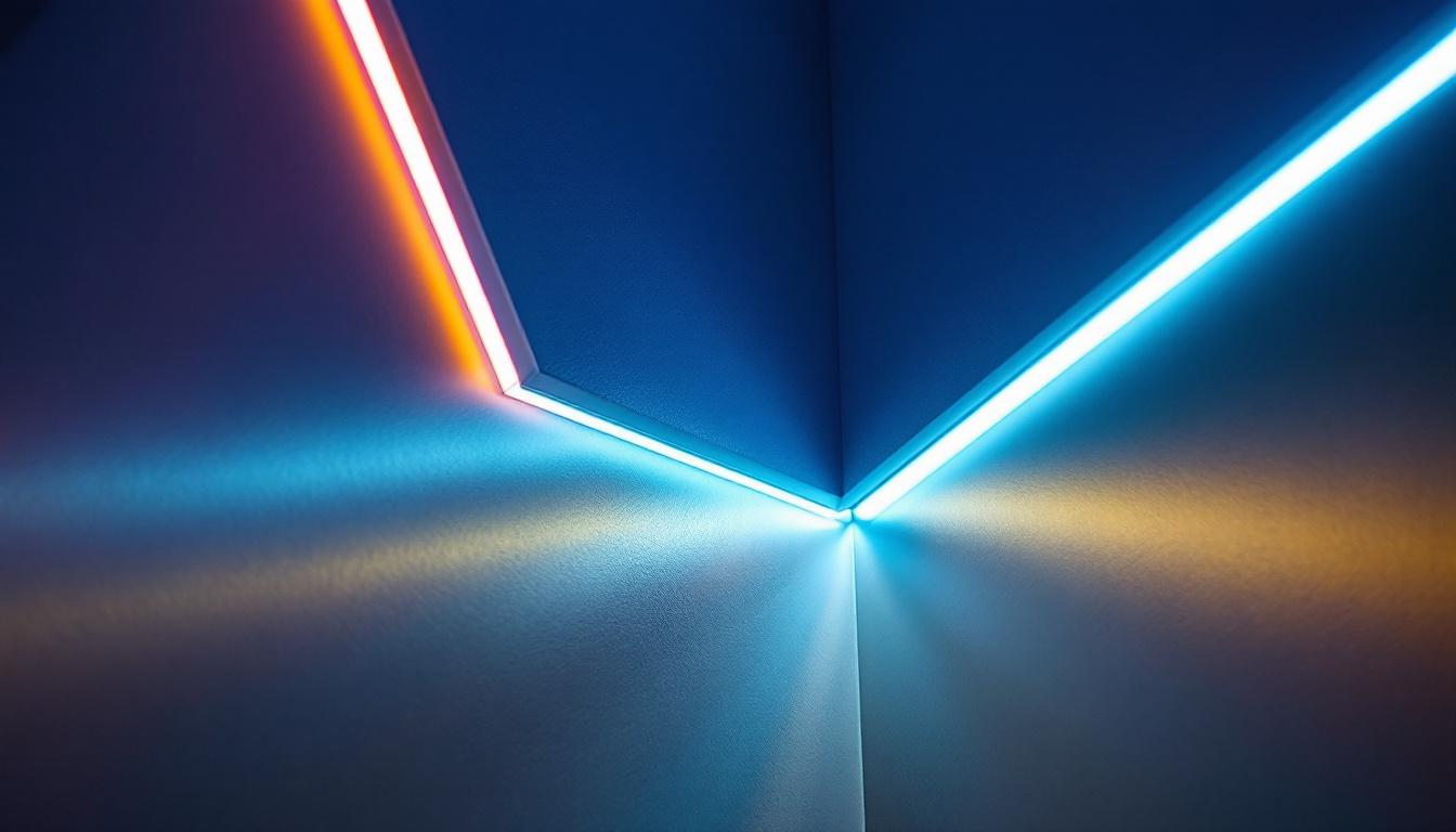 A photograph of a close-up shot of a well-designed led corner strip installation in a modern interior setting