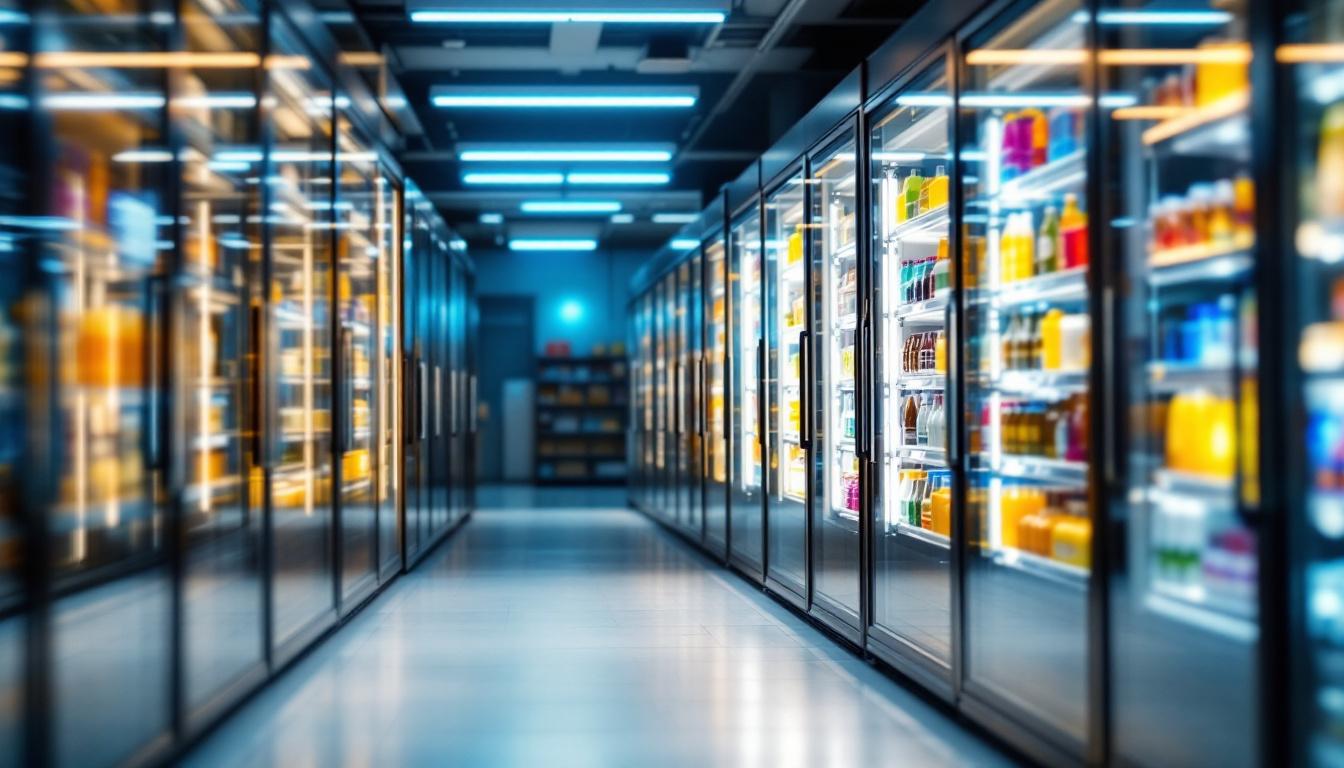 A photograph of a well-lit walk-in cooler showcasing efficient led lighting