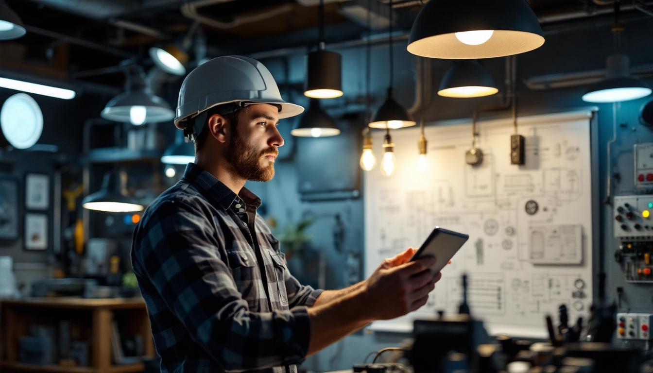 A photograph of a skilled electrical engineer examining a modern lighting installation