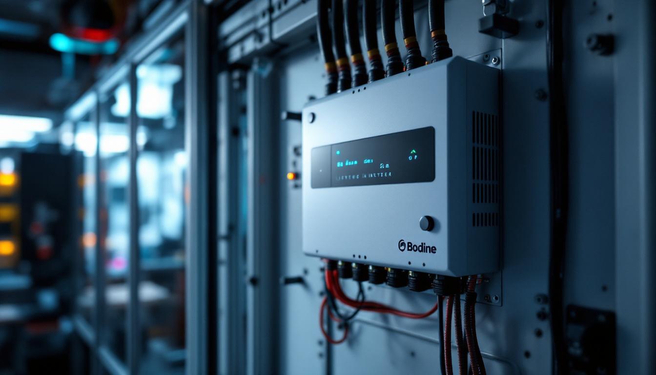 A photograph of a sleek bodine lighting inverter installed in a modern electrical panel