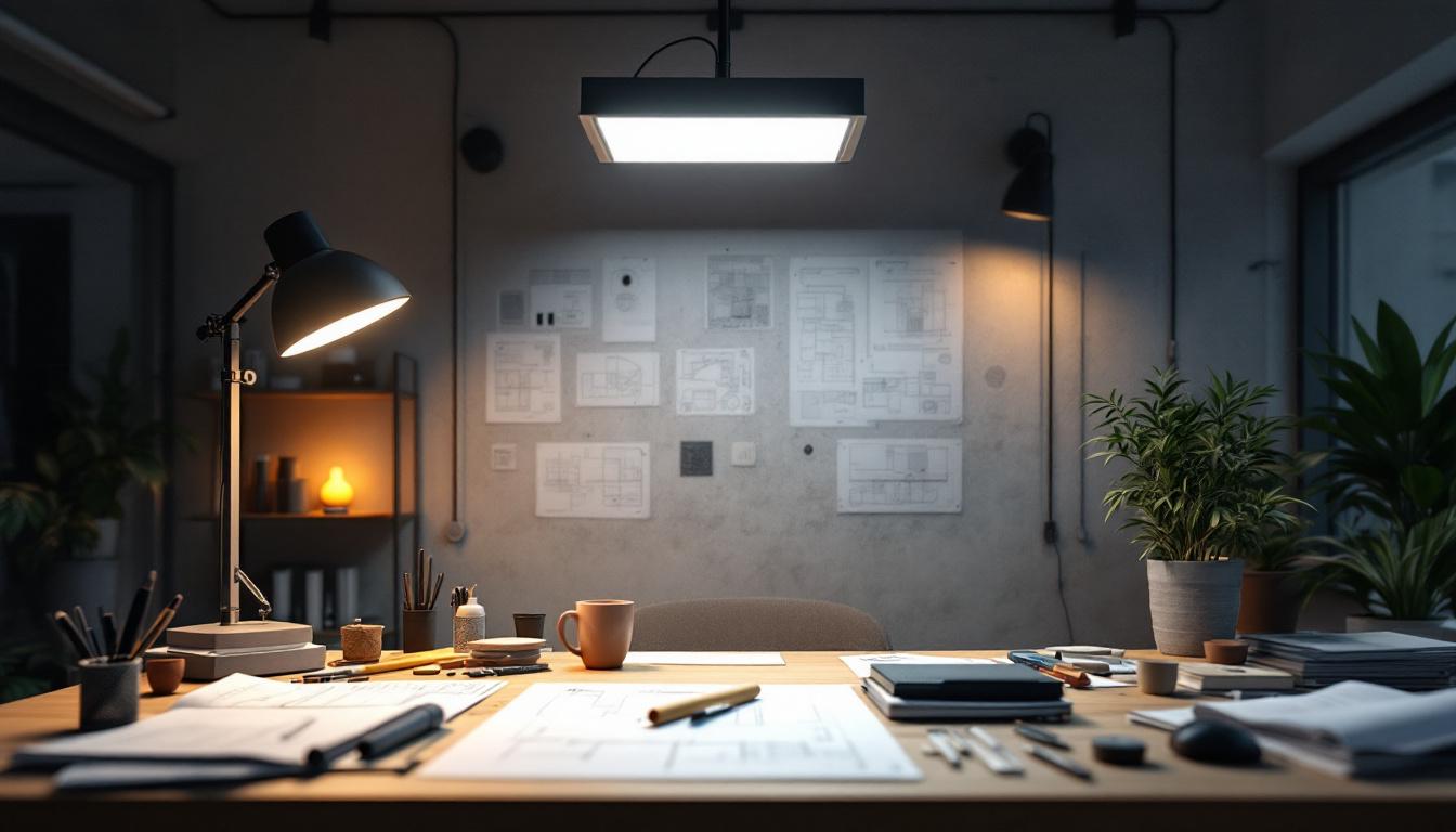 A photograph of a modern engineering workspace featuring an innovative lighting design