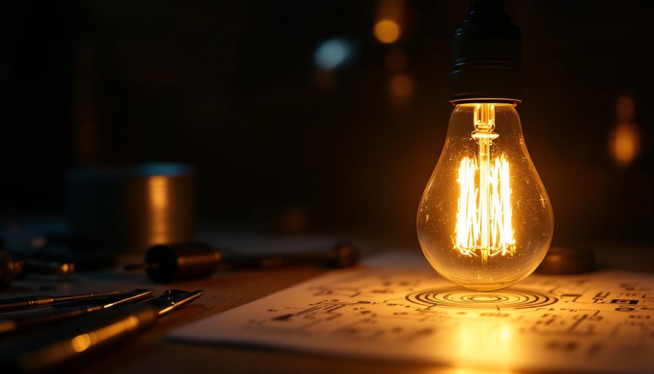 A photograph of a t lamp bulb illuminated in a dimly lit environment