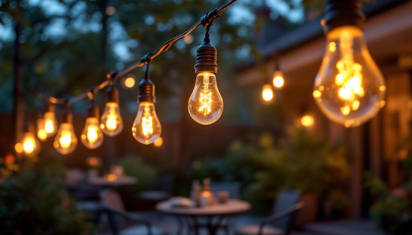 A photograph of a cozy outdoor setting featuring hanging light bulbs strung across a patio or garden
