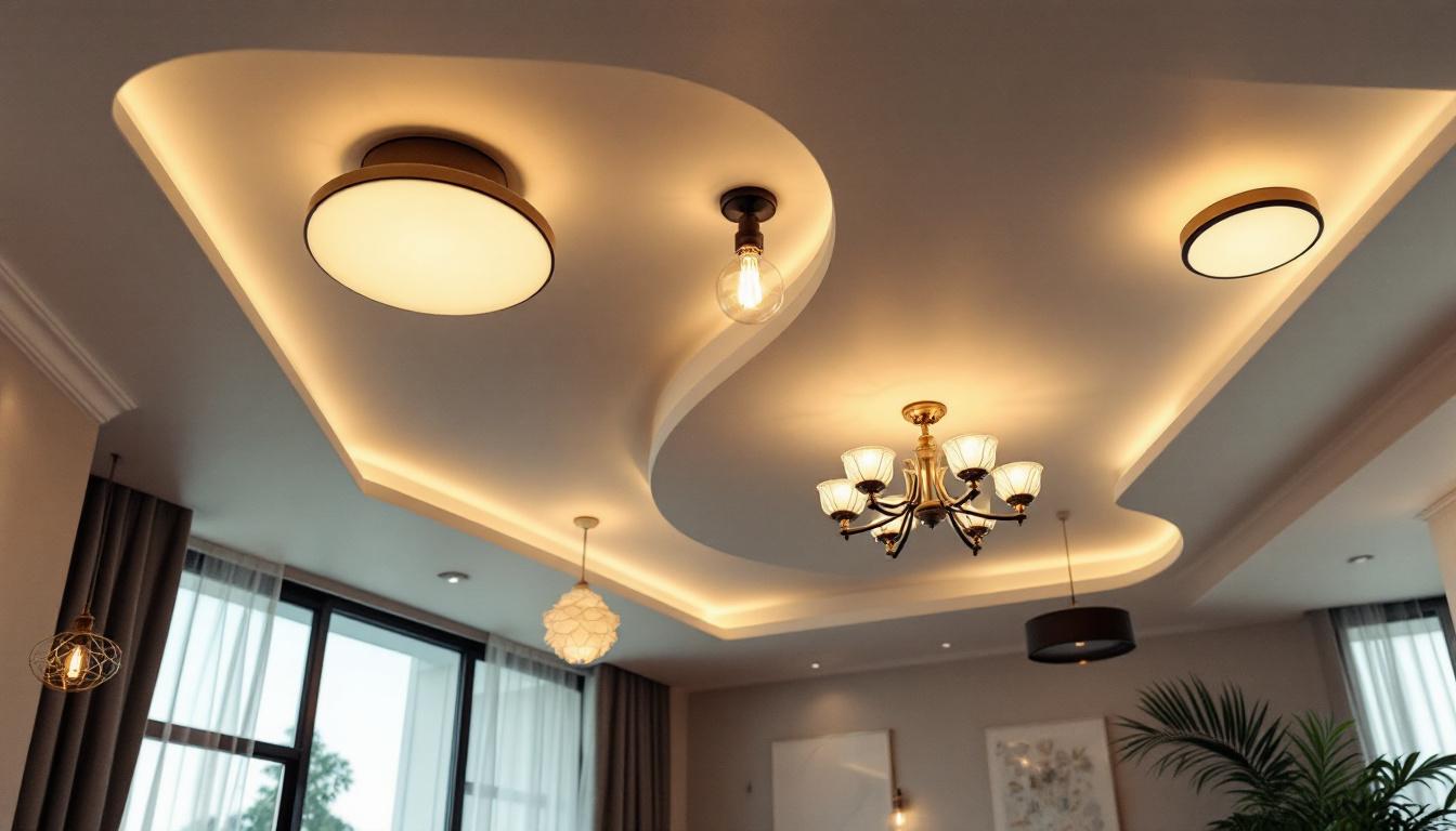 A photograph of a stylishly designed ceiling featuring various types of ceiling lights