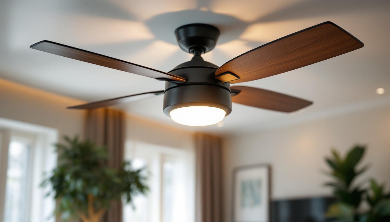 A photograph of a stylish ceiling fan with an integrated light kit in a well-designed living space