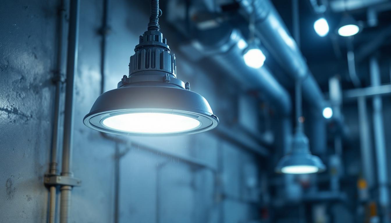 A photograph of a vapor-tight light fixture installed in an industrial setting