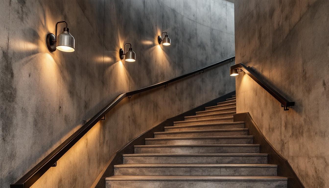 A photograph of a stylish stairwell featuring a striking contrast between industrial-style sconces and sleek commercial lighting elements