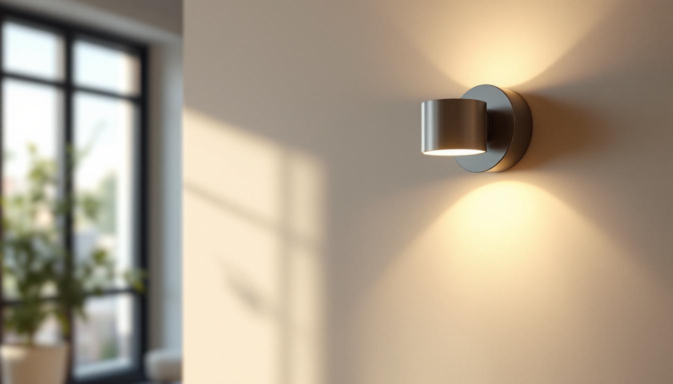 A photograph of a stylish single light sconce mounted on a wall in a well-lit
